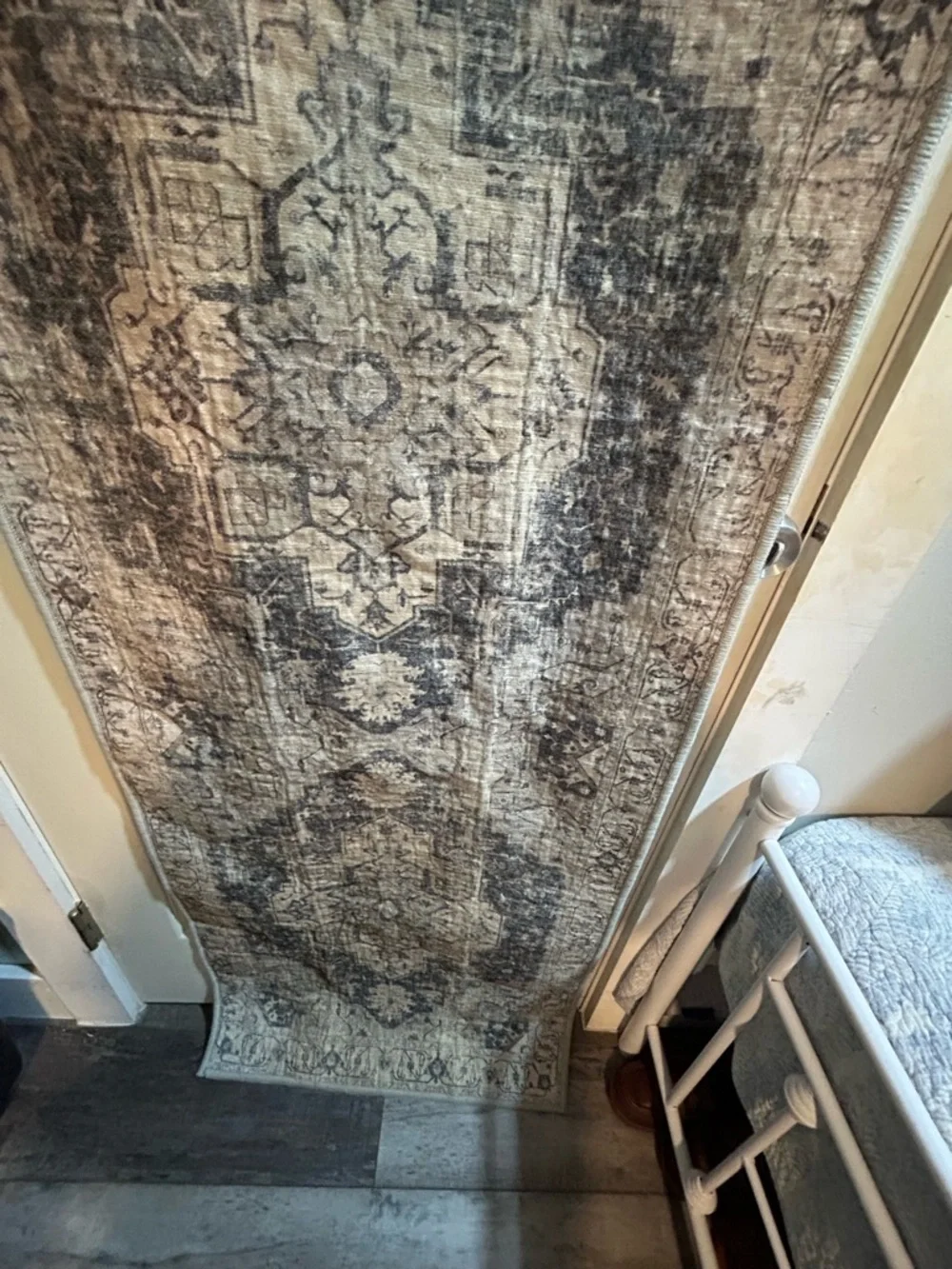 Vintage Style Narrow Runner Rug in Beige and Charcoal